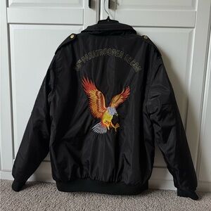 Black Bomber Jacket with Eagle Embroidery. Flight jacket 1981